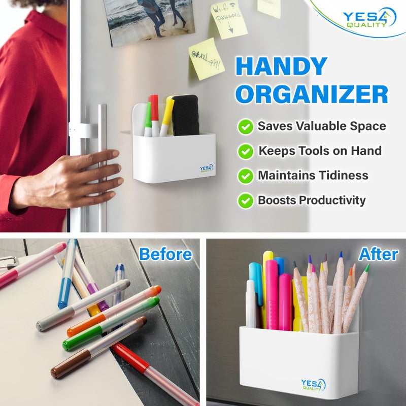 YES4QUALITY Magnetic Pen Holder with Strong Magnetic Back & 2 Compartments, Dry Erase Marker Holder for Whiteboard, Fridge & Locker, White Pencil Holder - Image 2
